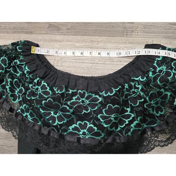 Green & Black Mexican Dress Floral Embroidered Off The Shoulders Lace Trim Tier - Picture 2 of 8